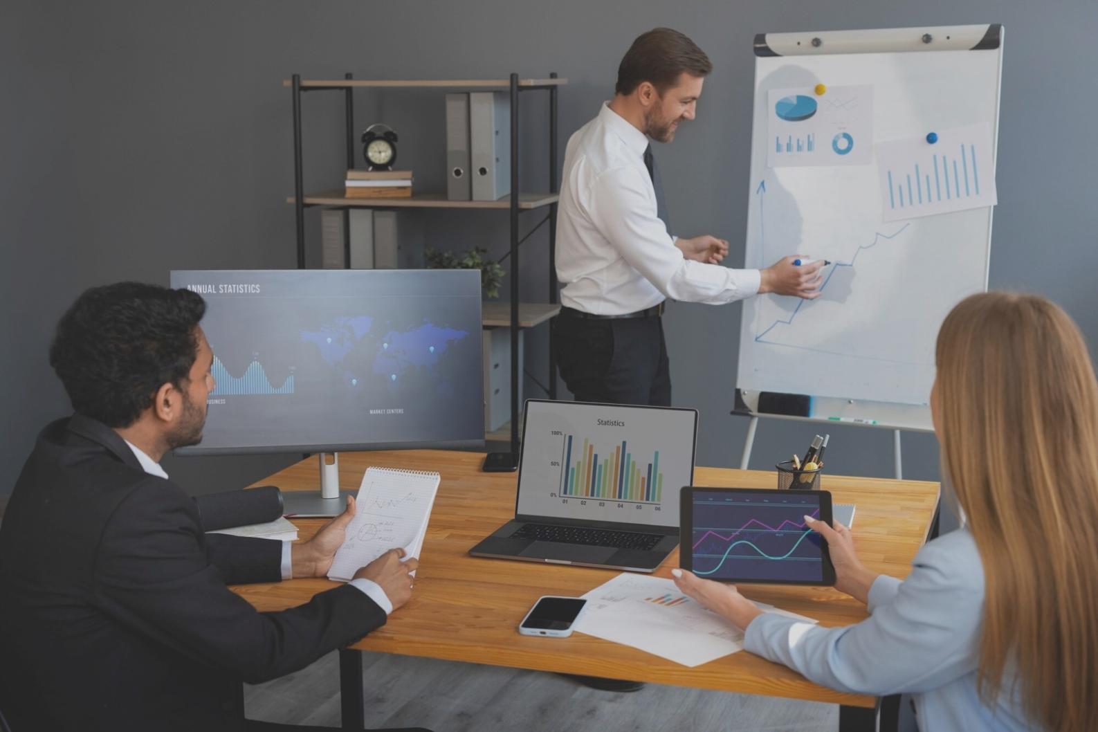 Financial analysis workspace with documents and charts